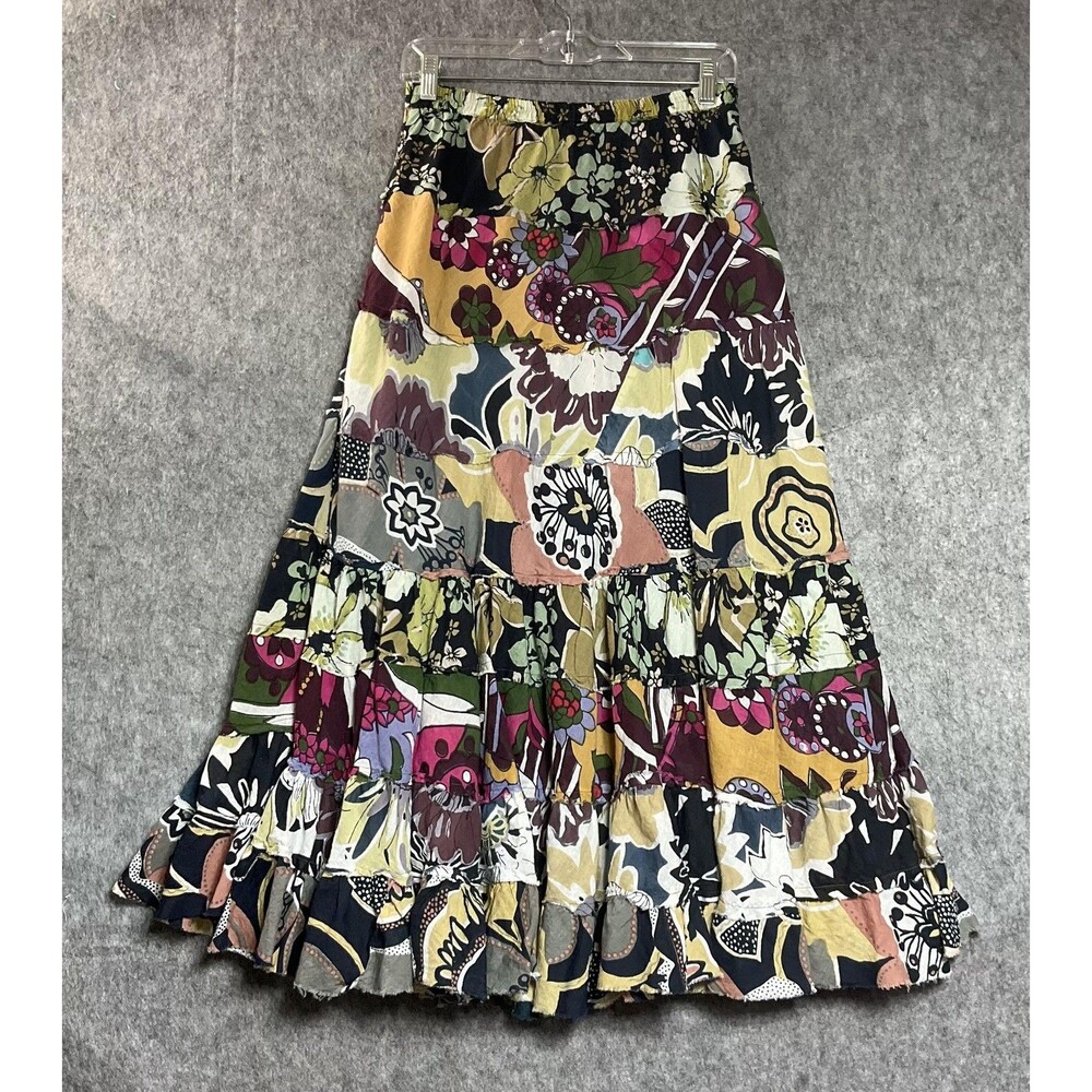Boho Floral Skirt Womens Small Multicolor Peasant Long Tiered Elastic Waist